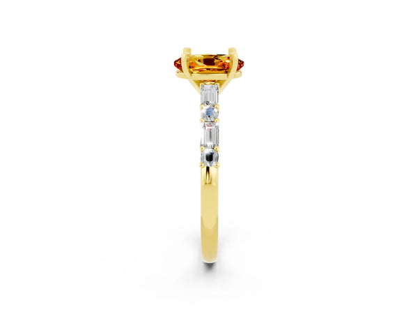 Yellow gold Oval Cut Citrine Solitaire with Side Baguettes and Channel Set Band