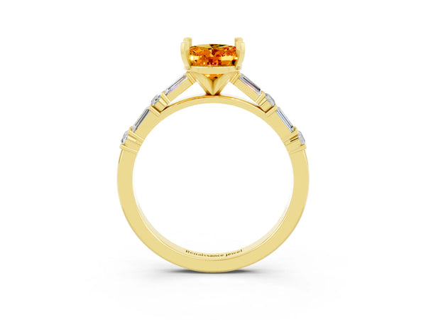 Yellow gold Oval Cut Citrine Solitaire with Side Baguettes and Channel Set Band