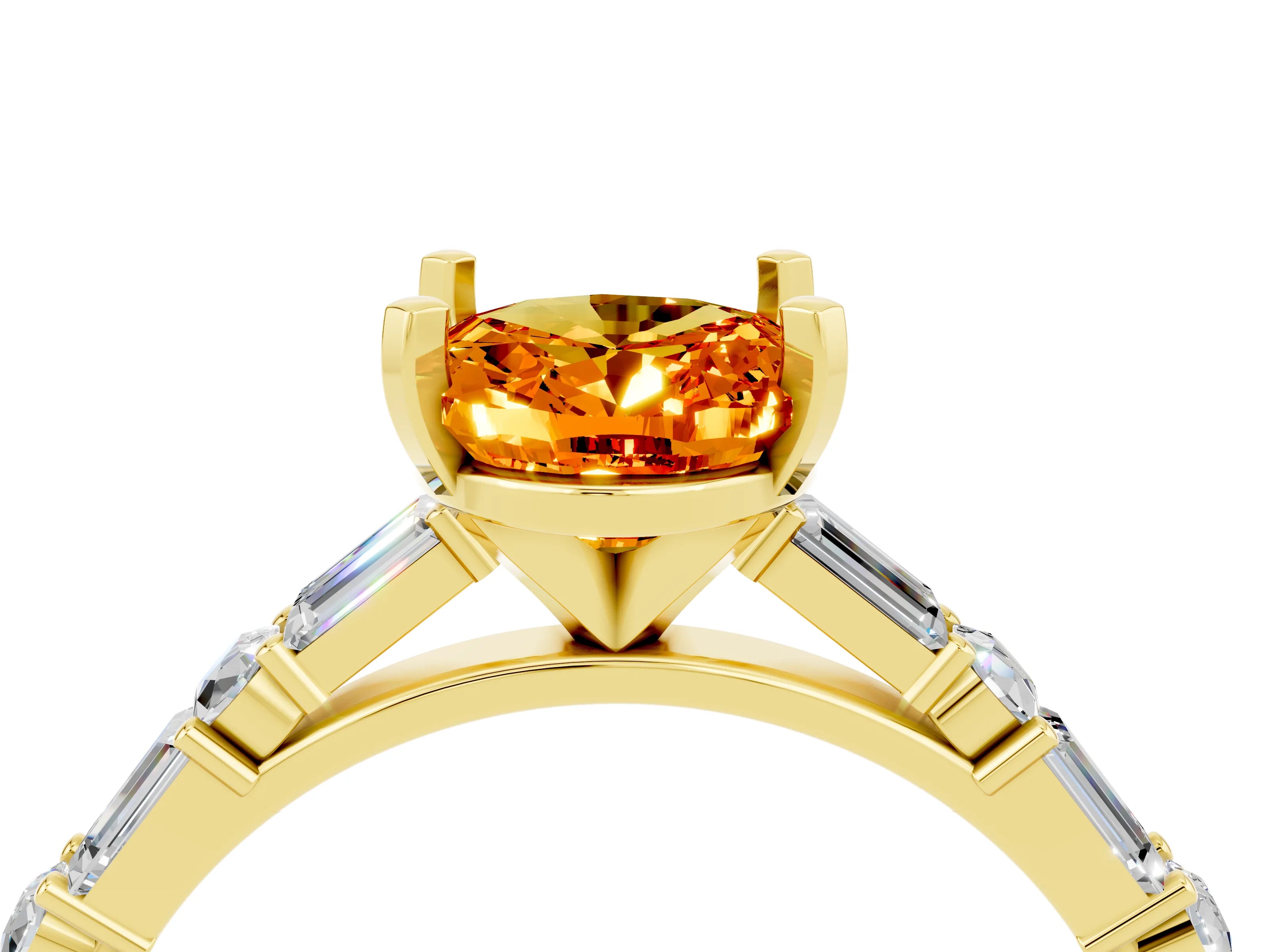 Yellow gold Oval Cut Citrine Solitaire with Side Baguettes and Channel Set Band_4