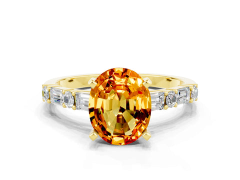 Yellow gold Oval Cut Citrine Solitaire with Side Baguettes and Channel Set Band