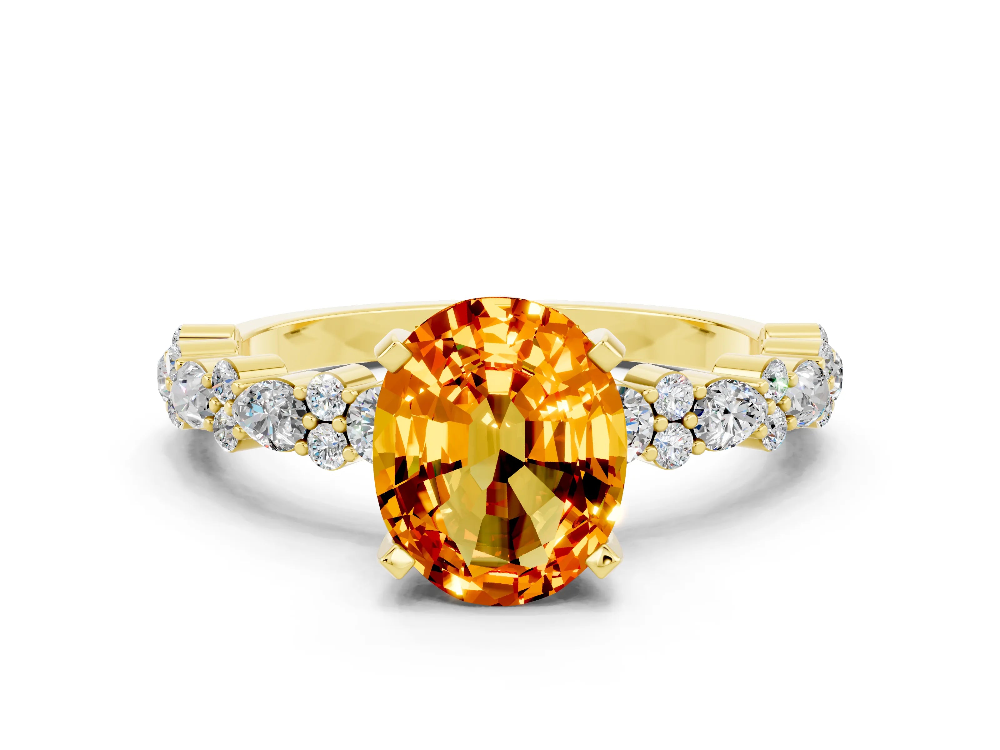 Yellow gold Oval Cut Citrine Solitaire with Side Stones, Pave Band, Four-Prong Setting_36