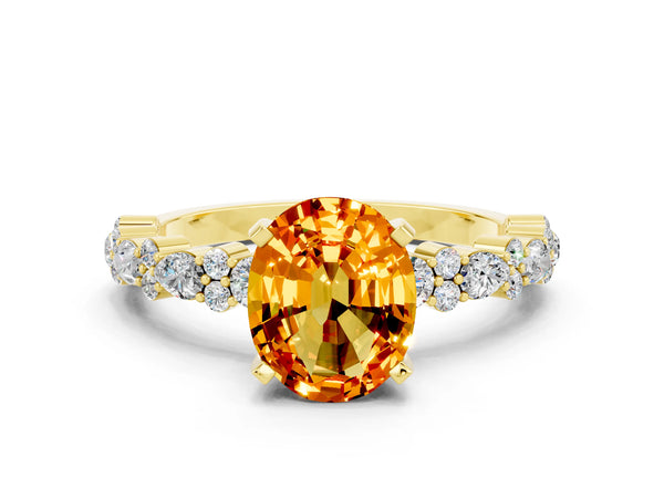 Yellow gold Oval Cut Citrine Side Stone Solitaire Ring with Round  and Four-Prong Setting
