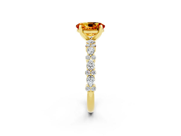 Yellow gold Oval Cut Citrine Side Stone Solitaire Ring with Round  and Four-Prong Setting