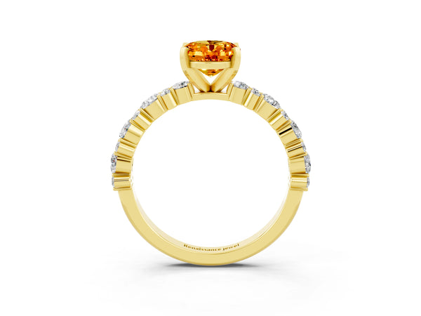 Yellow gold Oval Cut Citrine Side Stone Solitaire Ring with Round  and Four-Prong Setting