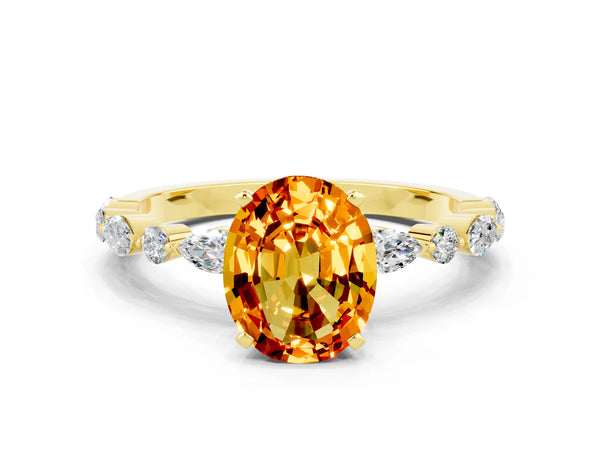 Yellow gold Oval Cut Citrine Ring with Marquise and Round  Side Stones and Four-Prong Setting