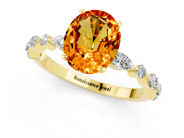 Yellow gold Oval Cut Citrine Ring with Marquise and Round  Side Stones and Four-Prong Setting