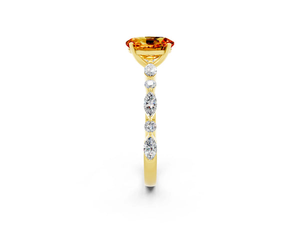 Yellow gold Oval Cut Citrine Ring with Marquise and Round  Side Stones and Four-Prong Setting