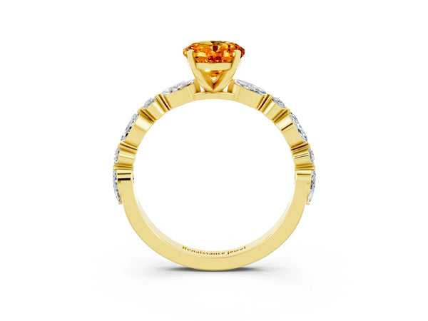 Yellow gold Oval Cut Citrine Ring with Marquise and Round  Side Stones and Four-Prong Setting