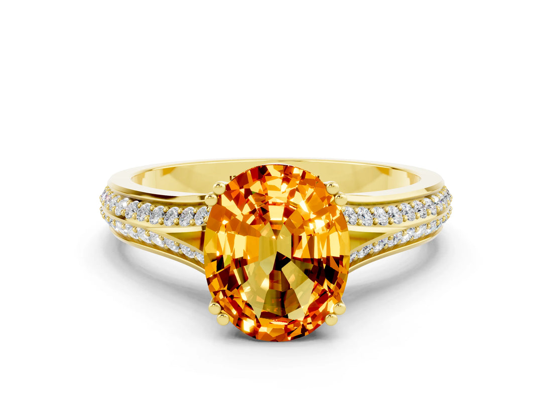 Yellow gold Oval Cut Citrine Split Shank Engagement Ring with Pavé Band