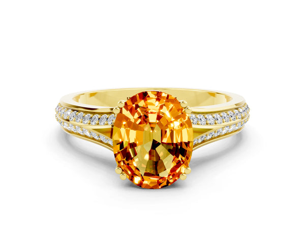 Yellow gold Oval Cut Citrine Split Shank Engagement Ring with Pavé Band