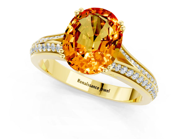 Yellow gold Oval Cut Citrine Split Shank Engagement Ring with Pavé Band