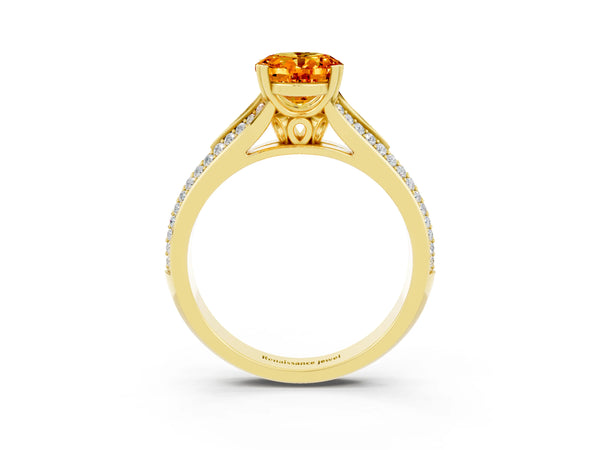Yellow gold Oval Cut Citrine Split Shank Engagement Ring with Pavé Band