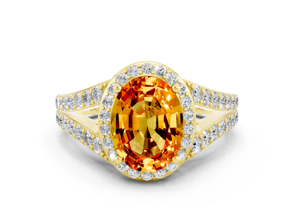 Yellow gold Oval Cut Citrine Split Shank Halo Ring with Four-Prong Setting