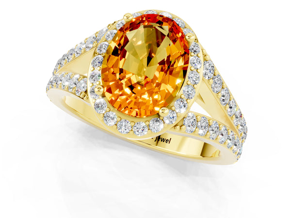 Yellow gold Oval Cut Citrine Split Shank Halo Ring with Four-Prong Setting