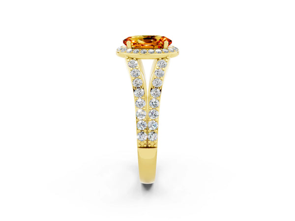 Yellow gold Oval Cut Citrine Split Shank Halo Ring with Four-Prong Setting