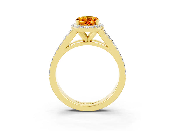 Yellow gold Oval Cut Citrine Split Shank Halo Ring with Four-Prong Setting
