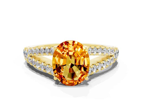 Yellow gold Oval Cut Citrine Split Shank Pavé Engagement Ring with Four-Prong Setting
