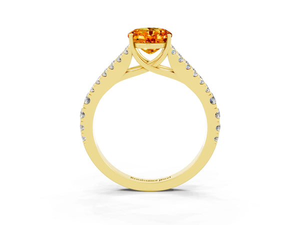Yellow gold Oval Cut Citrine Split Shank Pavé Engagement Ring with Four-Prong Setting