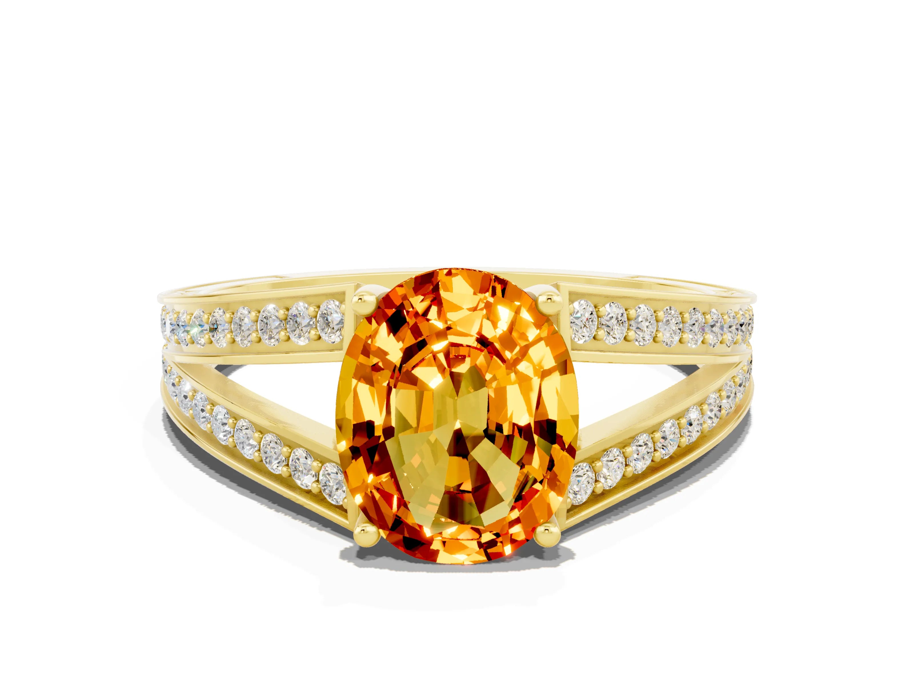 Yellow gold Oval Cut Citrine Split Shank Ring with Pavé Band and Four-Prong Setting