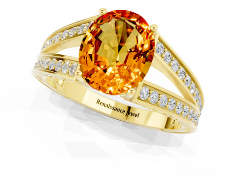 Yellow gold Oval Cut Citrine Split Shank Ring with Pavé Band and Four-Prong Setting_1