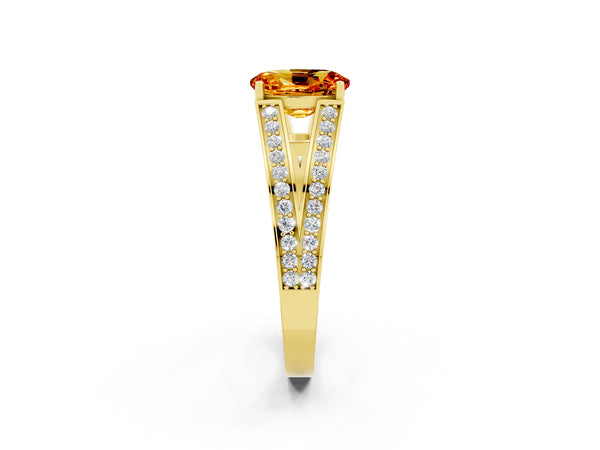 Yellow gold Oval Cut Citrine Split Shank Ring with Pavé Band and Four-Prong Setting