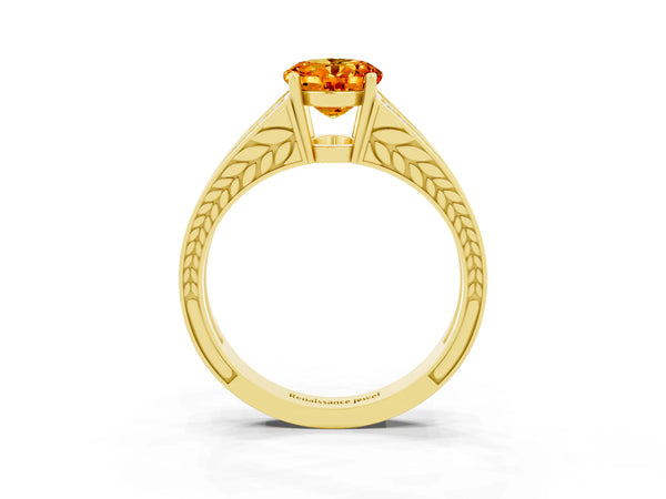 Yellow gold Oval Cut Citrine Split Shank Ring with Pavé Band and Four-Prong Setting