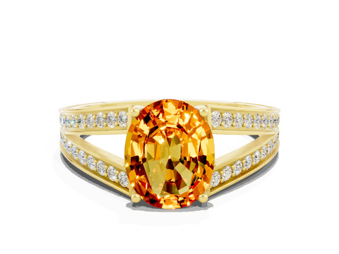 Yellow gold Oval Cut Citrine Split Shank Ring with Pavé Band and Four-Prong Setting
