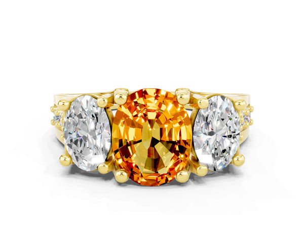Yellow gold Oval Cut Citrine Three-Stone Ring with Channel Set Band and Four-Prong Setting