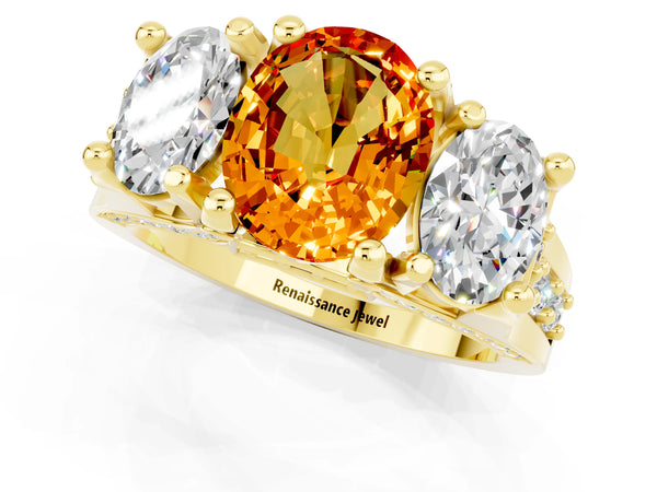 Yellow gold Oval Cut Citrine Three-Stone Ring with Channel Set Band and Four-Prong Setting