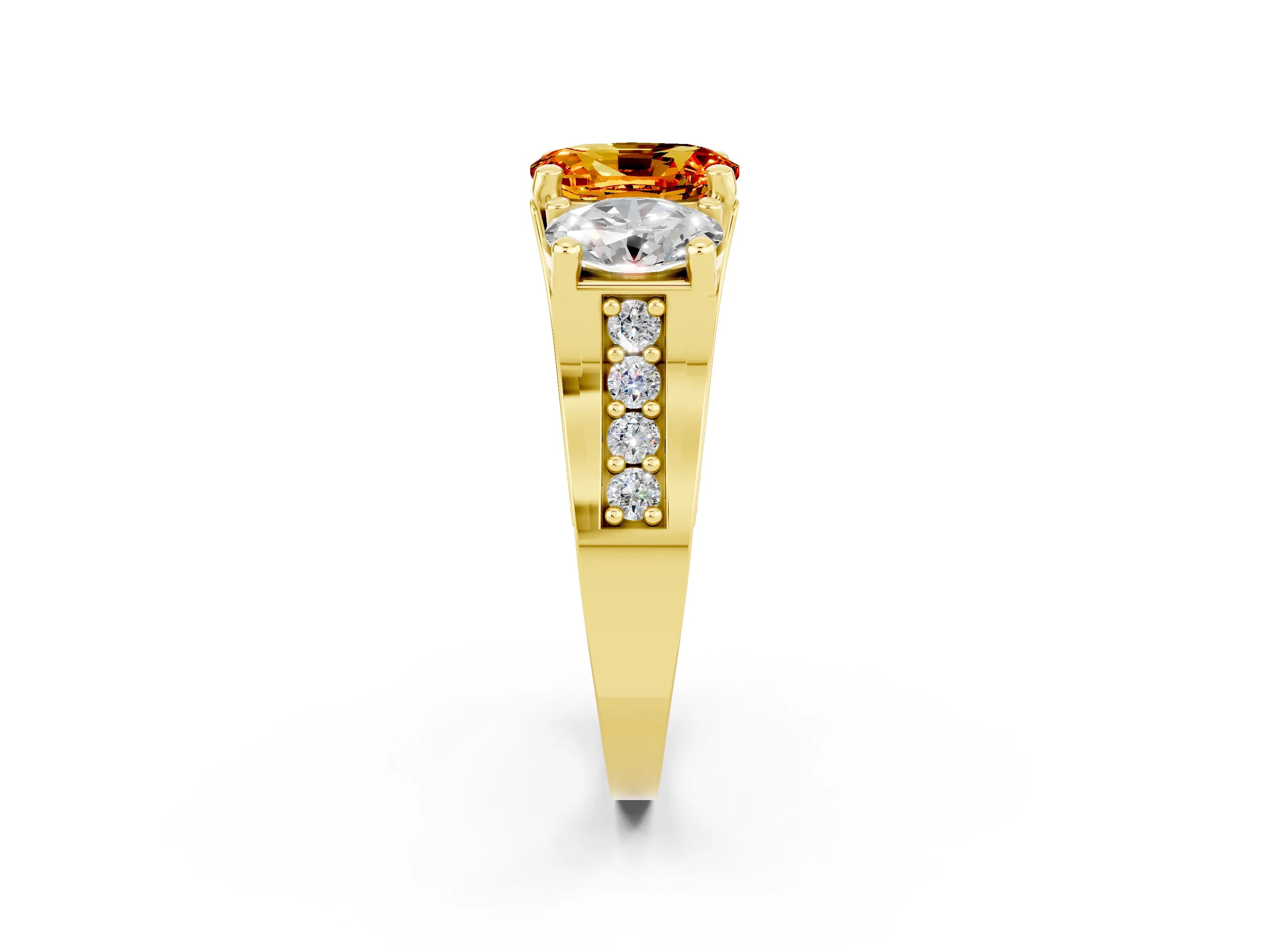 Yellow gold Oval Cut Citrine Three-Stone Ring with Channel Set Band and Four-Prong Setting_2