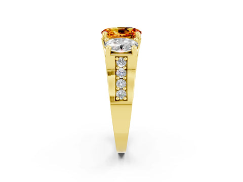 Yellow gold Oval Cut Citrine Three-Stone Ring with Channel Set Band and Four-Prong Setting_2