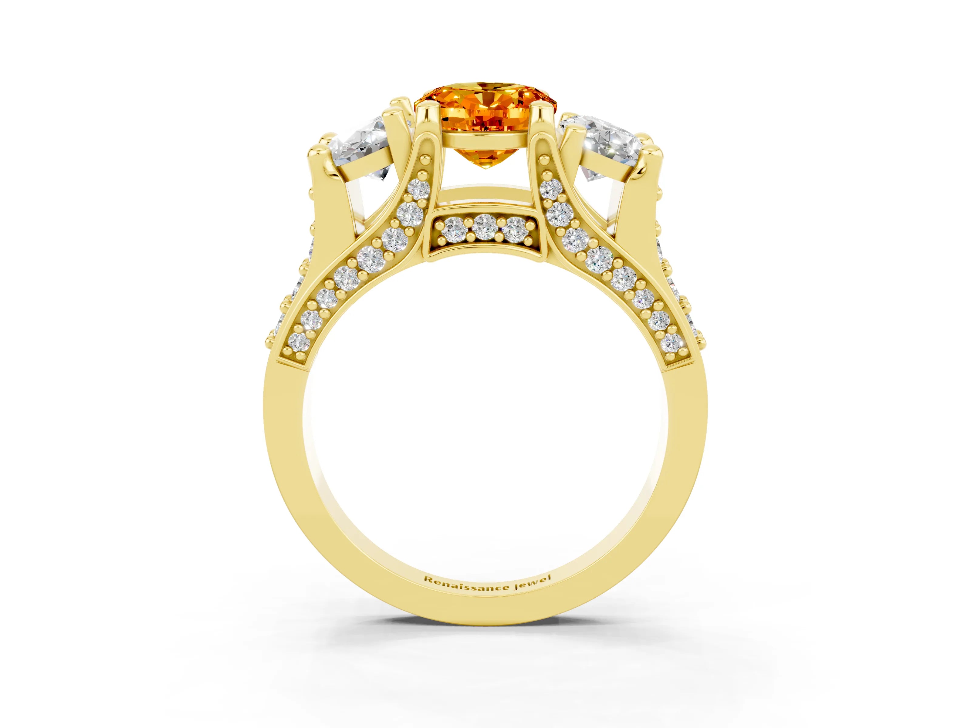 Yellow gold Oval Cut Citrine Three-Stone Ring with Channel Set Band and Four-Prong Setting_3