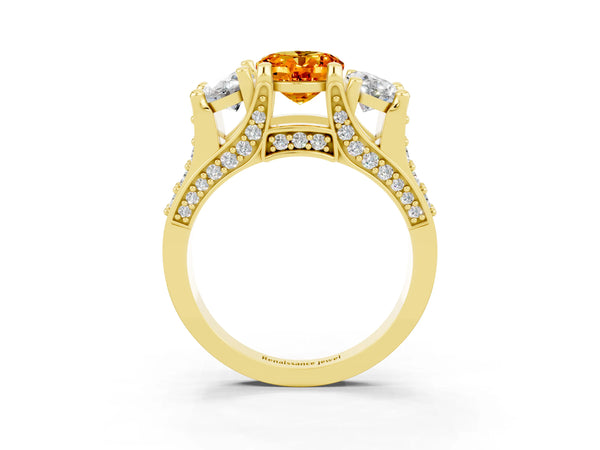 Yellow gold Oval Cut Citrine Three-Stone Ring with Channel Set Band and Four-Prong Setting