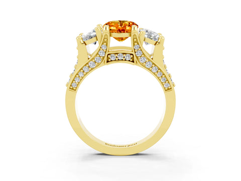 Yellow gold Oval Cut Citrine Three-Stone Ring with Channel Set Band and Four-Prong Setting_3