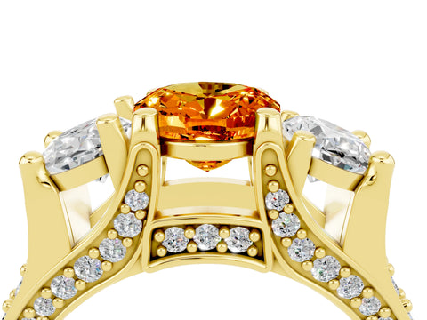 Yellow gold Oval Cut Citrine Three-Stone Ring with Channel Set Band and Four-Prong Setting_4