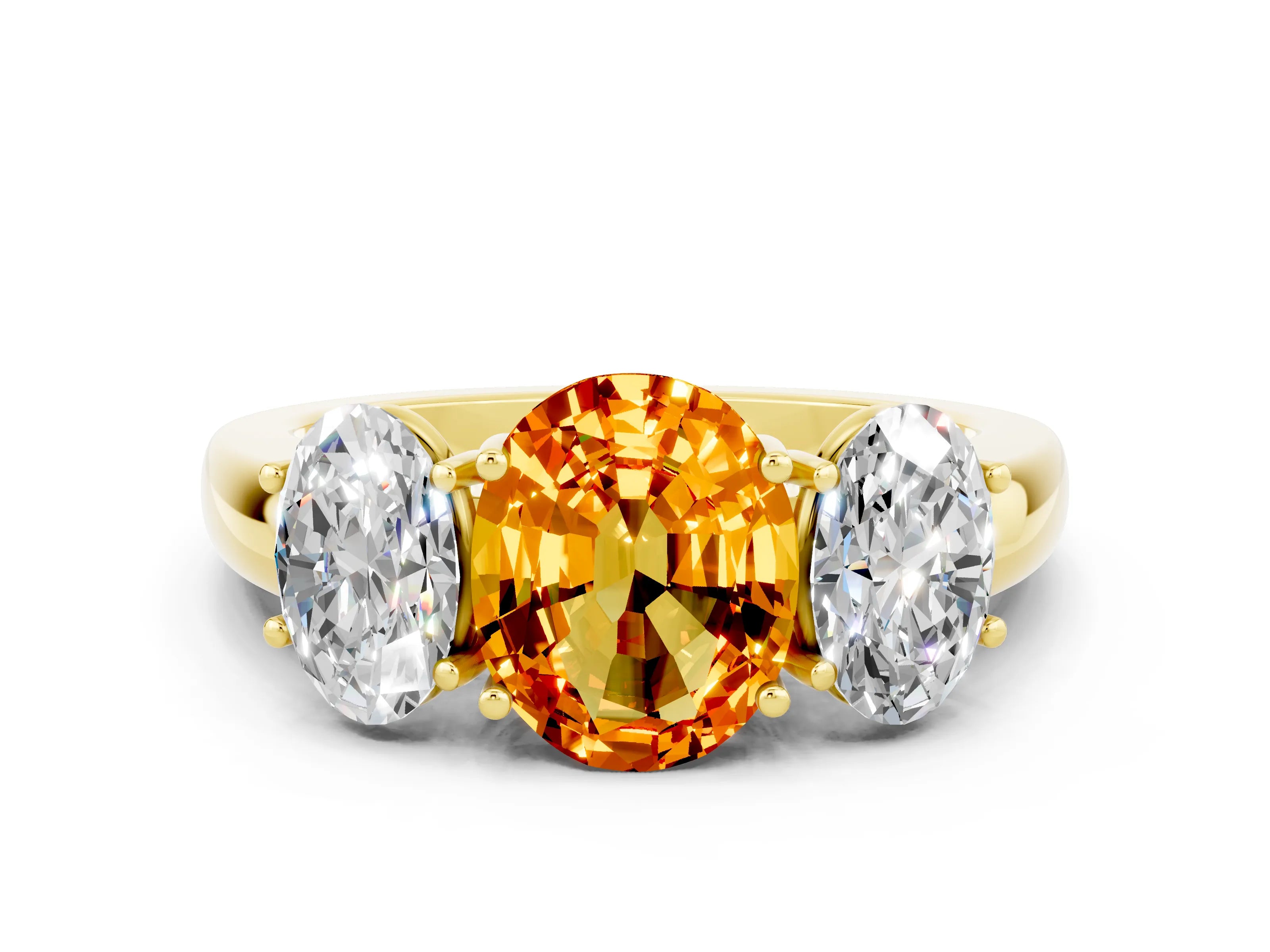 Yellow gold Oval Cut Citrine Three-Stone Ring with Four-Prong Setting and Classic Band