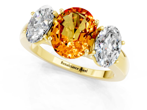 Yellow gold Oval Cut Citrine Three-Stone Ring with Four-Prong Setting and Classic Band