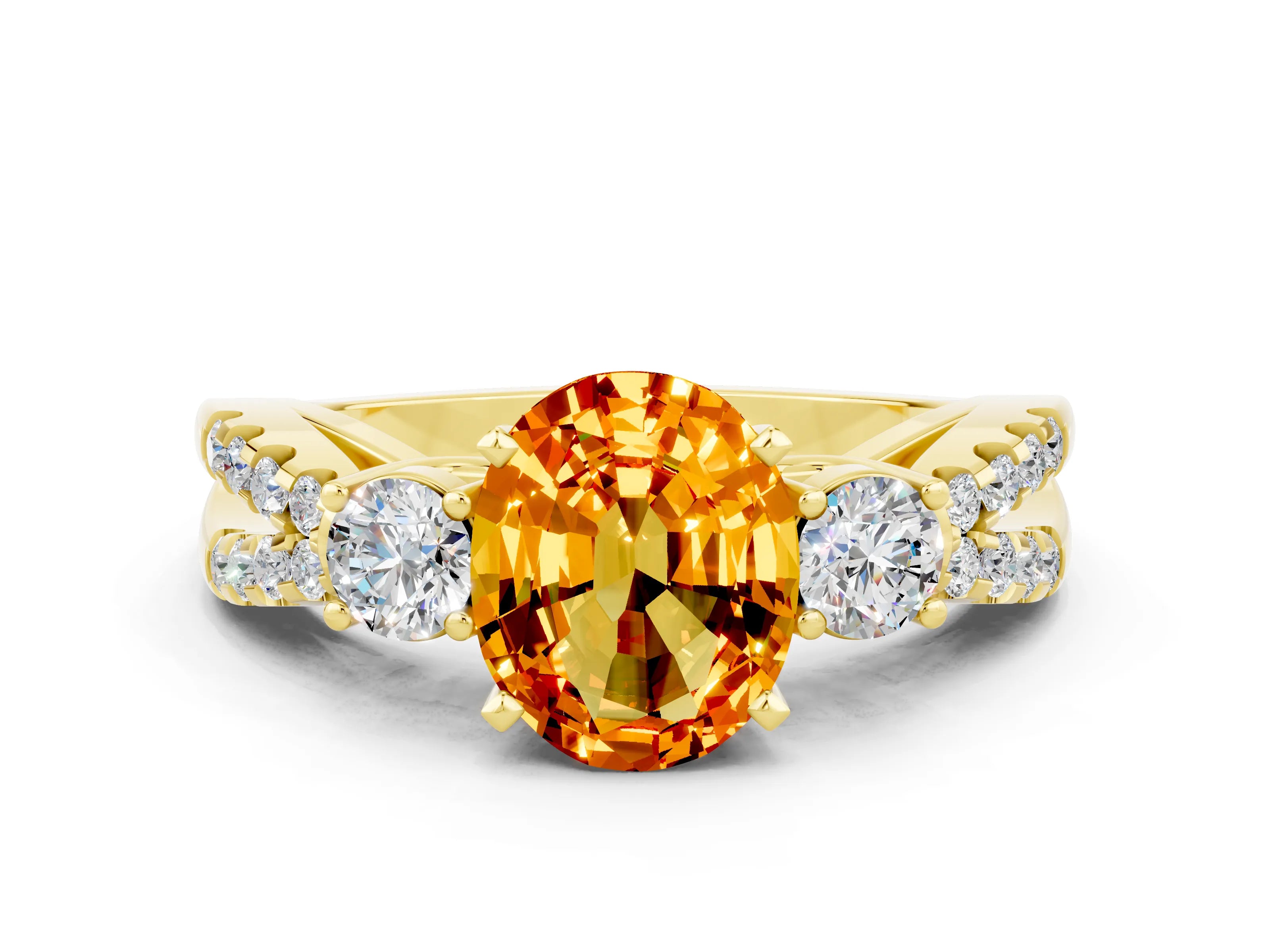 Yellow gold Oval Cut Citrine Three-Stone Ring with Pavé Split Shank and Four-Prong Setting_12