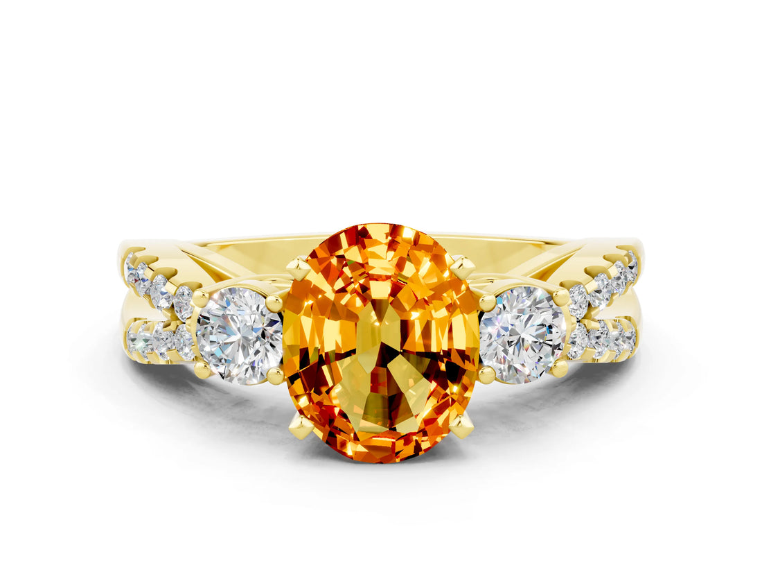 Yellow gold Oval Cut Citrine Three-Stone Ring with Pavé Split Shank and Four-Prong Setting_12