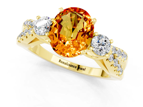 Yellow gold Oval Cut Citrine Three-Stone Ring with Pavé Split Shank and Four-Prong Setting