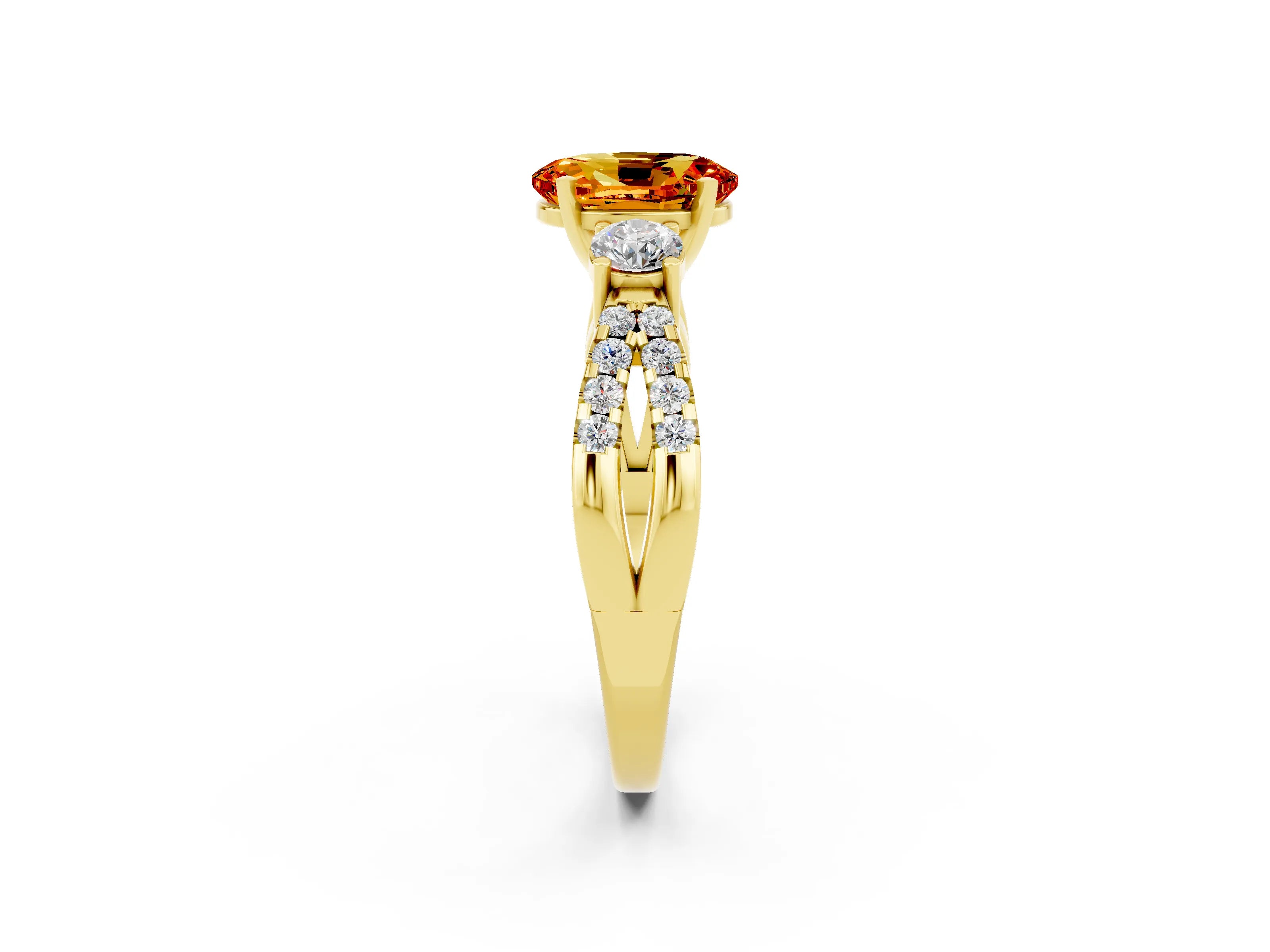 Yellow gold Oval Cut Citrine Three-Stone Ring with Pavé Split Shank and Four-Prong Setting_14