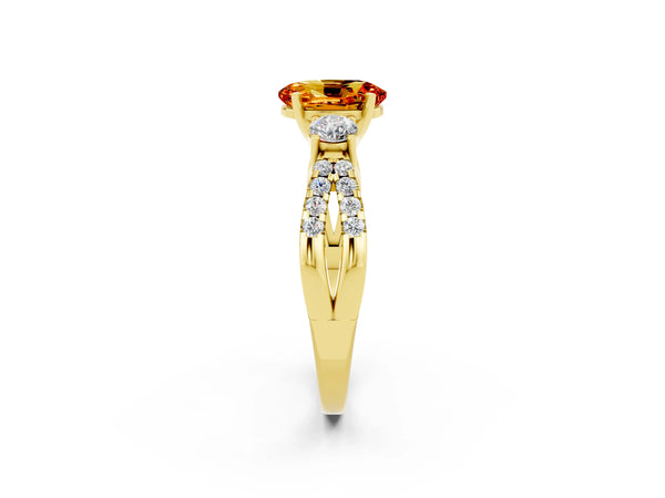 Yellow gold Oval Cut Citrine Three-Stone Ring with Pavé Split Shank and Four-Prong Setting
