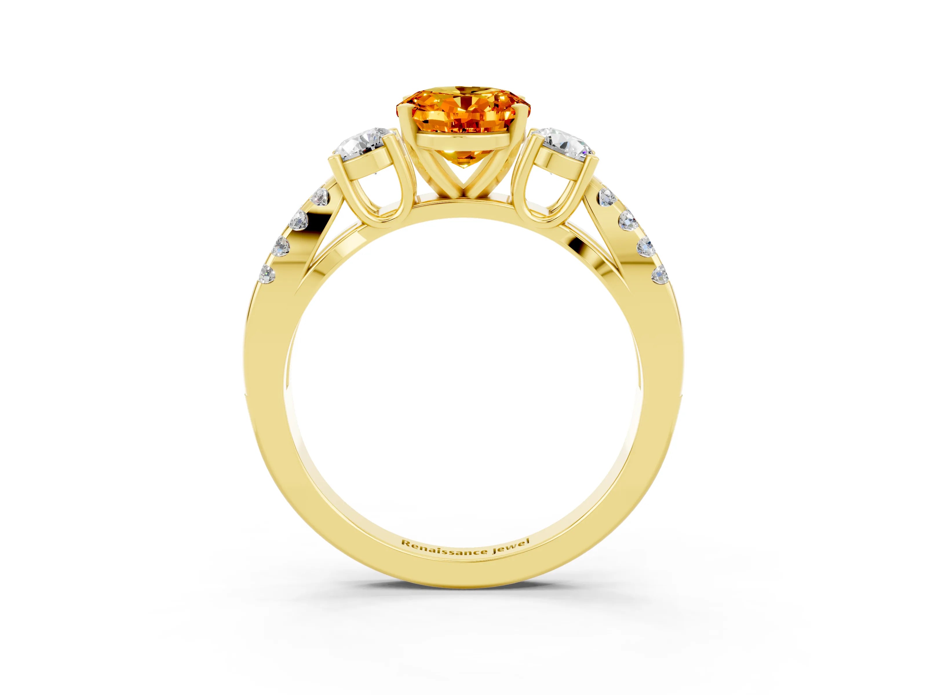 Yellow gold Oval Cut Citrine Three-Stone Ring with Pavé Split Shank and Four-Prong Setting_15