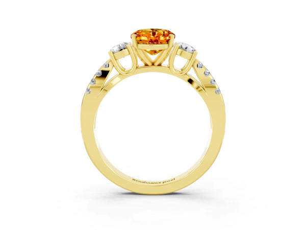 Yellow gold Oval Cut Citrine Three-Stone Ring with Pavé Split Shank and Four-Prong Setting