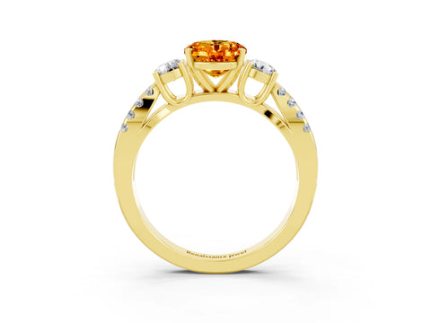 Yellow gold Oval Cut Citrine Three-Stone Ring with Pavé Split Shank and Four-Prong Setting_15