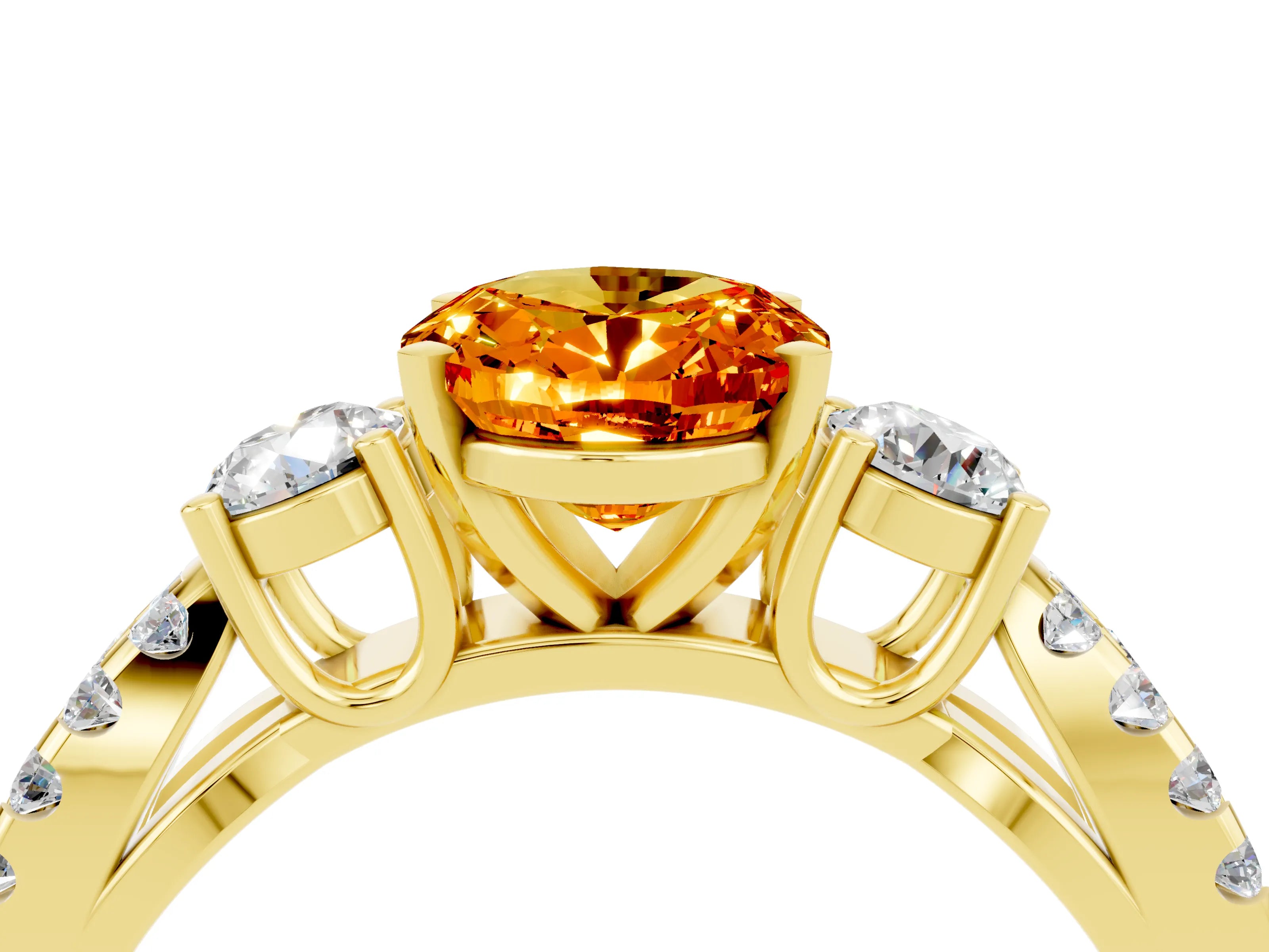 Yellow gold Oval Cut Citrine Three-Stone Ring with Pavé Split Shank and Four-Prong Setting_16