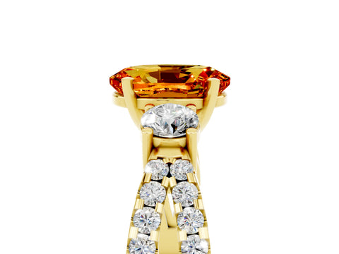 Yellow gold Oval Cut Citrine Three-Stone Ring with Pavé Split Shank and Four-Prong Setting_17