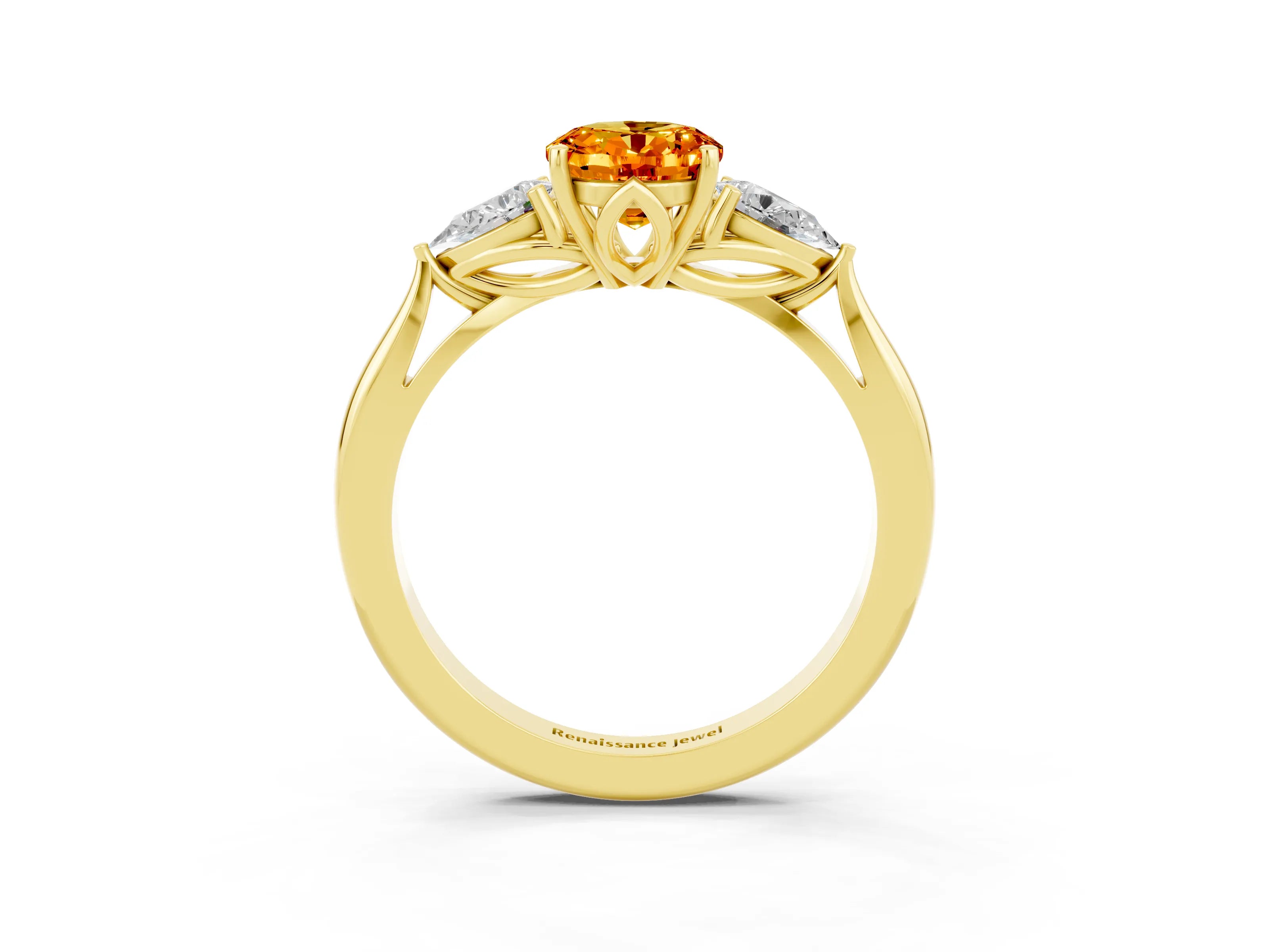 Yellow gold Oval Cut Citrine Three-Stone Ring with Pear Side Stones and Four-Prong Setting_15