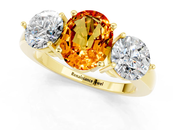 Yellow gold Oval Cut Citrine Three-Stone Ring with Prong Setting and Classic Band