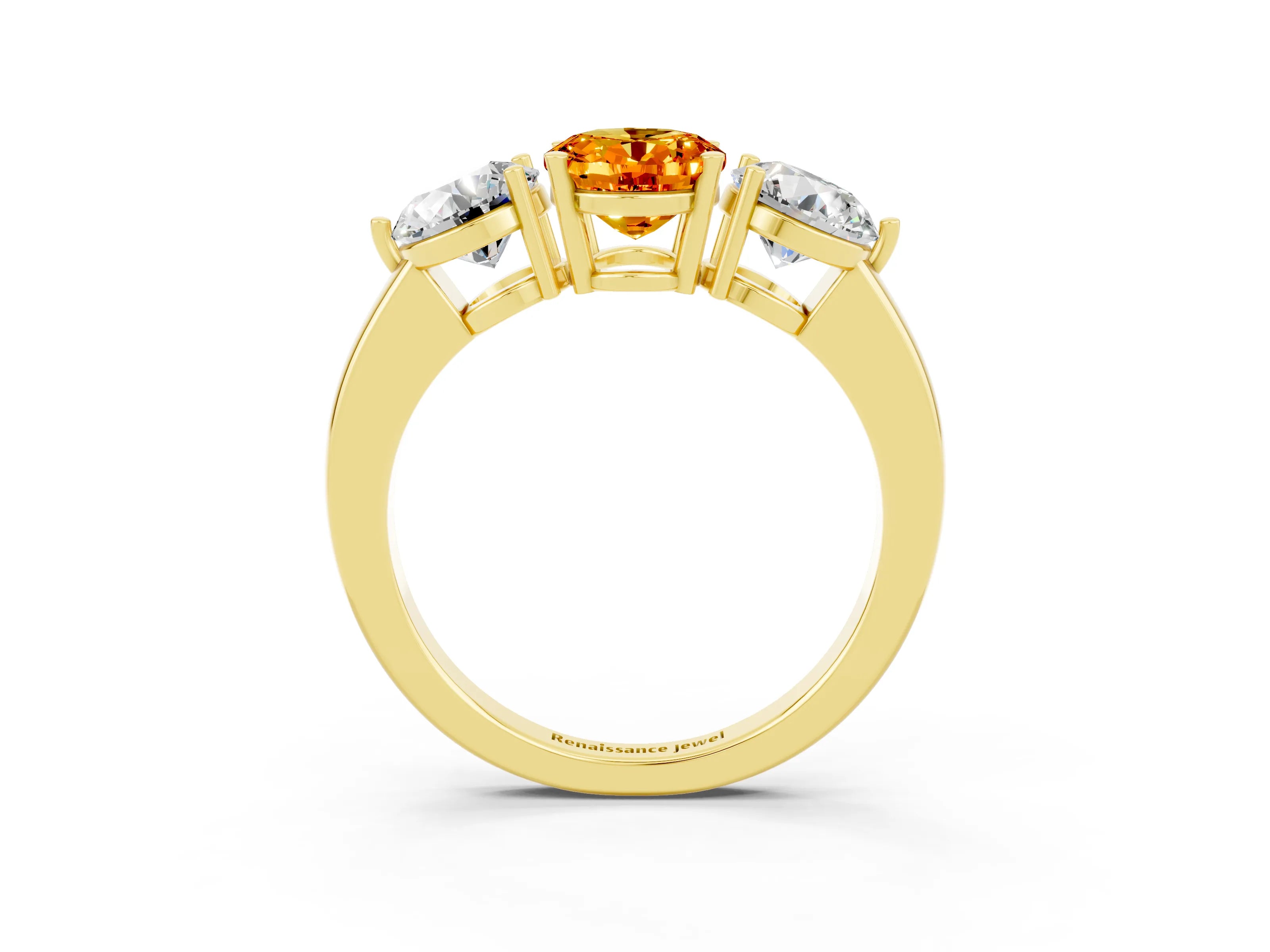 Yellow gold Oval Cut Citrine Three-Stone Ring with Prong Setting and Classic Band_3